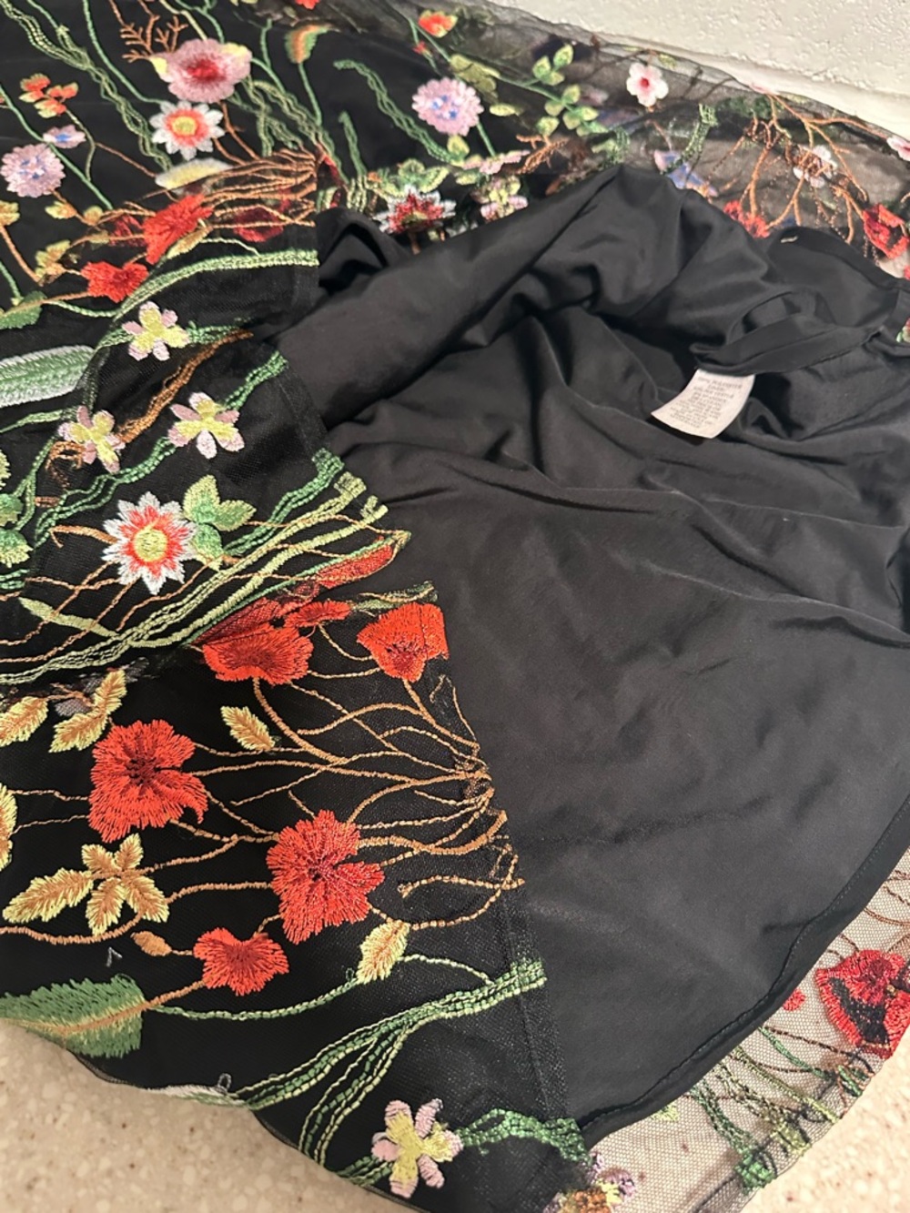Caroline Rose Garden Walk Embroidered Tunic, sheer 3/4 sleeves black multi-color - Picture 9 of 16